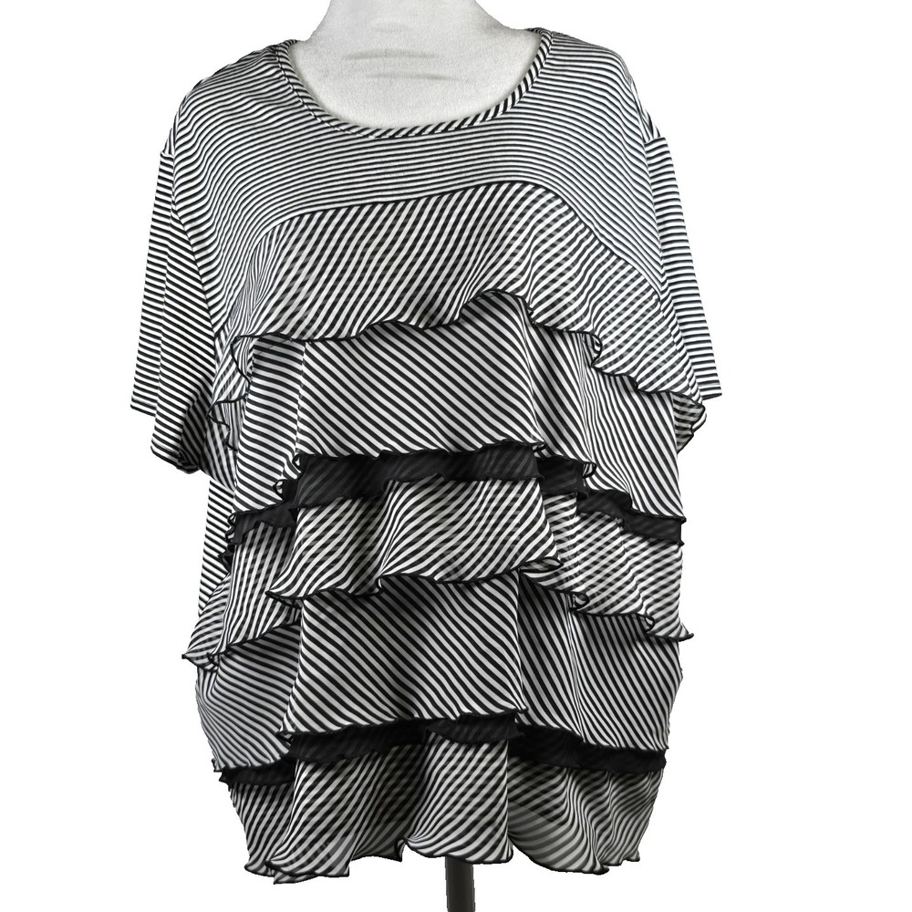 Alfred Dunner Womens Ruffled Black & White Stripped Short Sleeve Pullover Top 3X